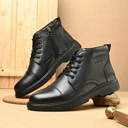 Men Full Soft Genuine Leather Police Lace-Up Ankle Boots with Side Zipper (Airman-75-Black)