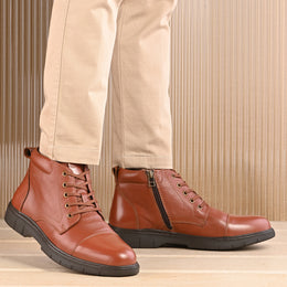 Men Premium Leather Police Lace-Up Ankle Boots with Side Zipper (Airman-80-PoliceTan)