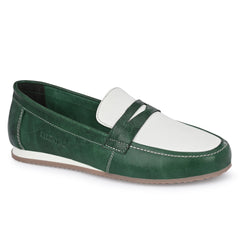 Women Premium Leather Slip On Formal Shoes (W-URSULA-15 GREEN/OFF WHITE)