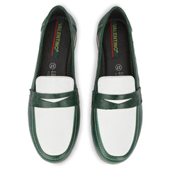 Women Premium Leather Slip On Formal Shoes (W-URSULA-15 GREEN/OFF WHITE)