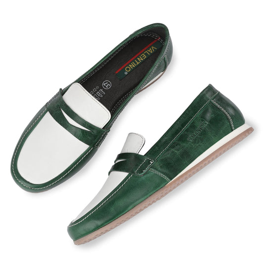 Women Premium Leather Slip On Formal Shoes (W-URSULA-15 GREEN/OFF WHITE)