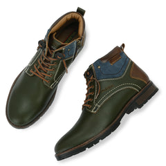 Men Premium Leather Olive Side Zipper & Lace-Up Boot (World-96)