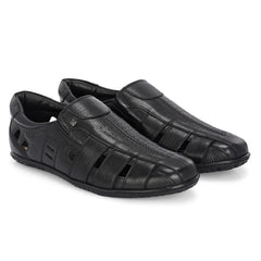 Valentino Men's Genuine Leather Black Sandals with Cushioned Footbed and Durable Rubber Sole (ROME-13)