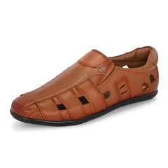 Valentino Men's Genuine Leather Tan Sandals with Cushioned Footbed and Durable Rubber Sole (ROME-13)