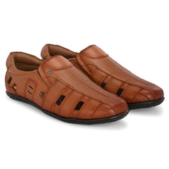 Valentino Men's Genuine Leather Tan Sandals with Cushioned Footbed and Durable Rubber Sole (ROME-13)