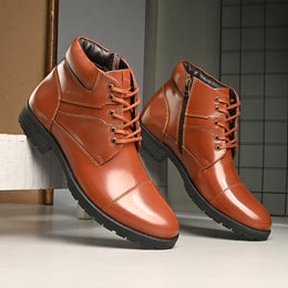Men Full Smooth Genuine Leather Police Lace-Up Ankle Boots with Side Zipper (Global-86-Police-Tan)