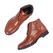 Men Premium Leather Police Lace-Up Ankle Boots with Side Zipper (Global-86-Tan)