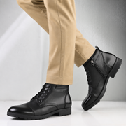 Men Premium Leather Police Lace-Up Ankle Boots with Side Zipper (Global-90-Black)
