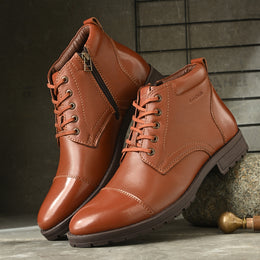Men Premium Leather Police Lace-Up Ankle Boots with Side Zipper (Global-90-Police-Tan)