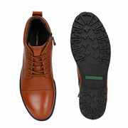 Men Premium Leather Police Lace-Up Ankle Boots with Side Zipper (Global-90-Tan)