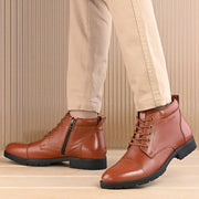 Men Premium Leather Police Lace-Up Ankle Boots with Side Zipper (Global-90-Tan)