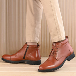 Men Premium Leather Police Lace-Up Ankle Boots with Side Zipper (Global-90-Tan)