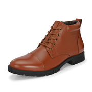 Men Premium Leather Police Lace-Up Ankle Boots with Side Zipper (Global-90-Tan)