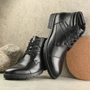 Men Premium Leather Black Side Zipper & Lace-Up Ankle Boot (Global-79-Black)