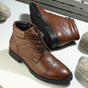 Men Premium Leather Tan Side Zipper & Lace-Up Ankle Boot (Global-79-Tan)