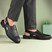 Men Premium Leather Black Ethnic Sandal (Indigo-31-Black)