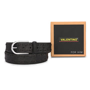 Valentino Men’s Genuine Leather Casual Belt – Black Side Stitch Design with Chrome Buckle (M-BT-HI-01-BLACK)