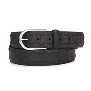Valentino Men’s Genuine Leather Casual Belt – Black Side Stitch Design with Chrome Buckle (M-BT-HI-01-BLACK)