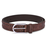 Valentino Men’s Genuine Leather Casual Belt – Brown with Side Stitch Design & Chrome Buckle (M-BT-HI-01-BROWN)