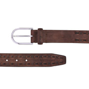 Valentino Men’s Genuine Leather Casual Belt – Brown with Side Stitch Design & Chrome Buckle (M-BT-HI-01-BROWN)