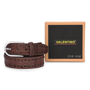 Valentino Men’s Genuine Leather Casual Belt – Brown with Side Stitch Design & Chrome Buckle (M-BT-HI-01-BROWN)