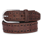 Valentino Men’s Genuine Leather Casual Belt – Brown with Side Stitch Design & Chrome Buckle (M-BT-HI-01-BROWN)