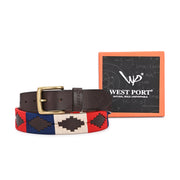 West Port Men’s Pampa Embroidered Genuine Leather Signature Gaucho Polo Belt (M-BT-LE-01-RED-BLUE-BEIGE)