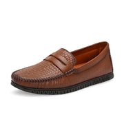 Men Premium Leather Textured Penny Loafers (M-DRV-01-BROWN)