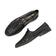 Men Premium Leather Ethnic Handwoven Slip-On Loafers (M-DRV-03-BLACK)