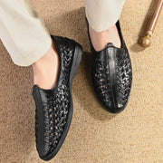 Men Premium Leather Ethnic Handwoven Slip-On Loafers (M-DRV-03-BLACK)