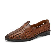 Men Premium Leather Ethnic Handwoven Slip-On Loafers (M-DRV-03-TAN)