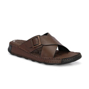 West Port Men Premium Leather Cross-Strap Casual Sandals with Comfort Footbed (M-MF-05-BROWN)