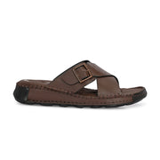 West Port Men Premium Leather Cross-Strap Casual Sandals with Comfort Footbed (M-MF-05-BROWN)