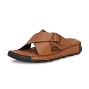 West Port Men Premium Leather Cross-Strap Casual Sandals with Comfort Footbed (M-MF-05-TAN)