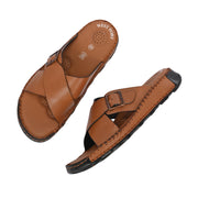 West Port Men Premium Leather Cross-Strap Casual Sandals with Comfort Footbed (M-MF-05-TAN)