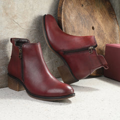 Women Premium Leather Zipper Boots (W-HALLE-85 - BORDO)