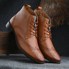 Men Premium Leather Tan Side Zipper & Lace-Up Boot (Macho-80)