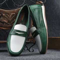 Women Premium Leather Slip On Formal Shoes (W-URSULA-15 GREEN/OFF WHITE)