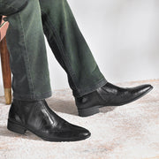 Men Premium Leather Ankle Boots with Side Zip & Elastic (Pride-90-Black)