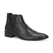 Men Premium Leather Ankle Boots with Side Zip & Elastic (Pride-90-Black)