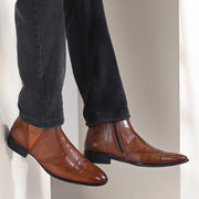Men Premium Leather Ankle Boots with Side Zip & Elastic (Pride-90-Tan)