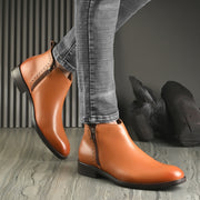 Men Premium Leather Ankle Side Zipper Boot (Royale-81-Tan)