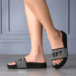 West Port Women Black Rainbow Embellished Comfort Slide Sandals (W-STARDUST-10-BLACK-RAINBOW)