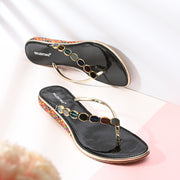 Women Black Multicolor Beaded Flat Sandals (W-AF-01-BLACK)