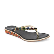 Women Black Multicolor Beaded Flat Sandals (W-AF-01-BLACK)