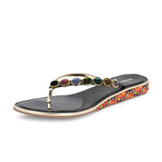 Women Black Multicolor Beaded Flat Sandals (W-AF-01-BLACK)