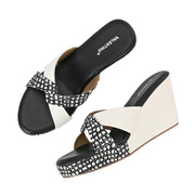 Women Crisscross Black & White Wedge Slides (W-AF-11-BLACK-WHITE)