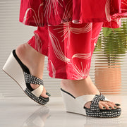 Women Crisscross Black & White Wedge Slides (W-AF-11-BLACK-WHITE)
