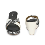 Women Crisscross Black & White Wedge Slides (W-AF-11-BLACK-WHITE)