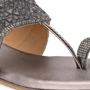 Women Embellished Toe-Ring Flat Slip-On Sandals (W-AH-05-GUNMETAL)